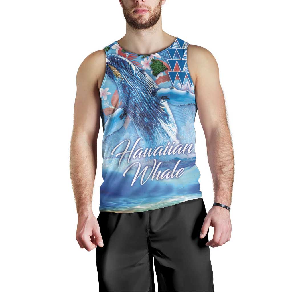 Hawaiian Waves Whale Men Tank Top Kakau Art and Tropical Red Hibiscus Flowers