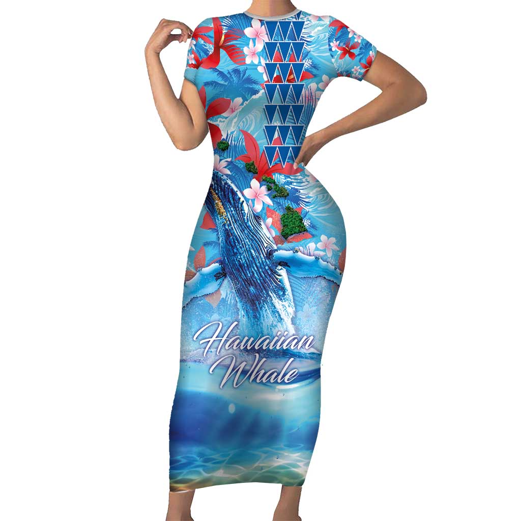 Hawaiian Waves Whale Short Sleeve Bodycon Dress Kakau Art and Tropical Red Hibiscus Flowers