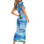 Hawaiian Waves Whale Short Sleeve Bodycon Dress Kakau Art and Tropical Red Hibiscus Flowers