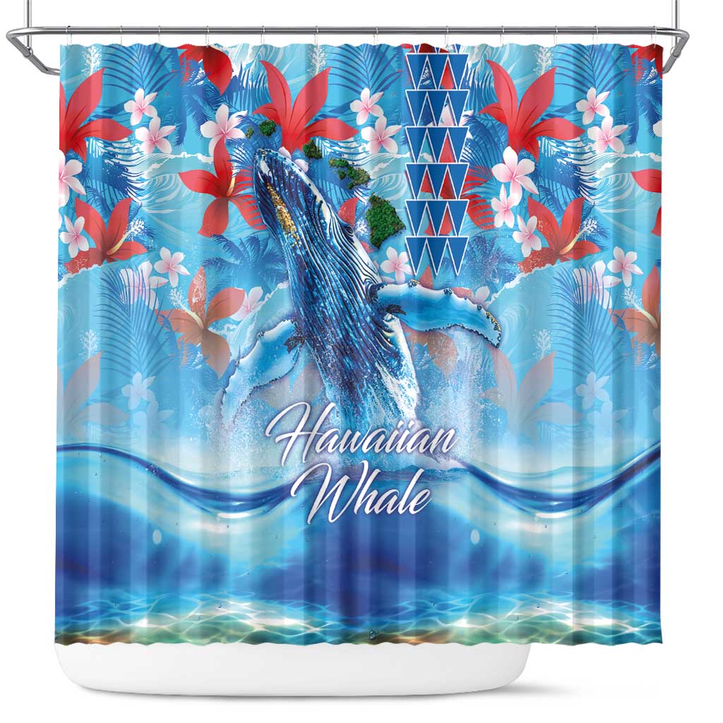 Hawaiian Waves Whale Shower Curtain Kakau Art and Tropical Red Hibiscus Flowers