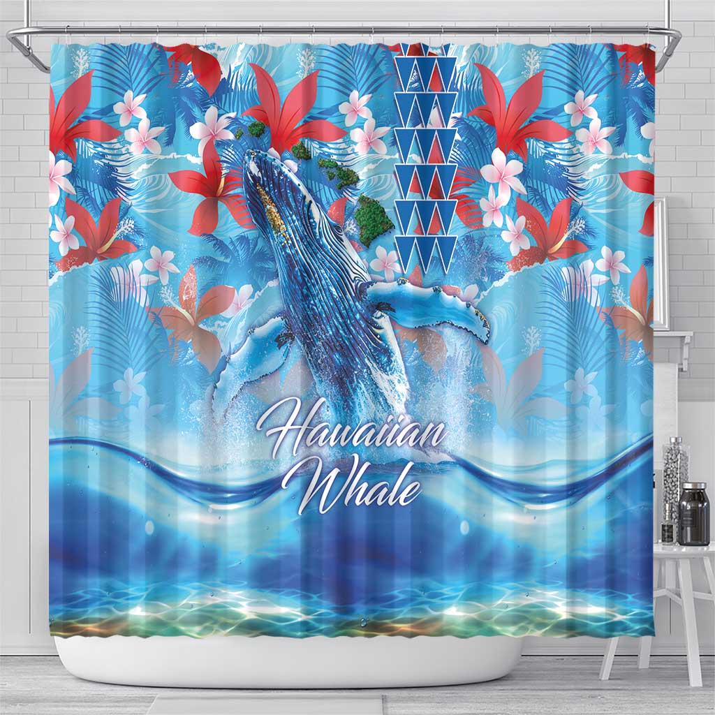 Hawaiian Waves Whale Shower Curtain Kakau Art and Tropical Red Hibiscus Flowers