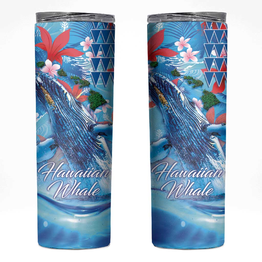 Hawaiian Waves Whale Skinny Tumbler Kakau Art and Tropical Red Hibiscus Flowers