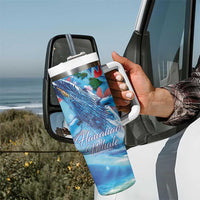 Hawaiian Waves Whale Tumbler With Handle Kakau Art and Tropical Red Hibiscus Flowers