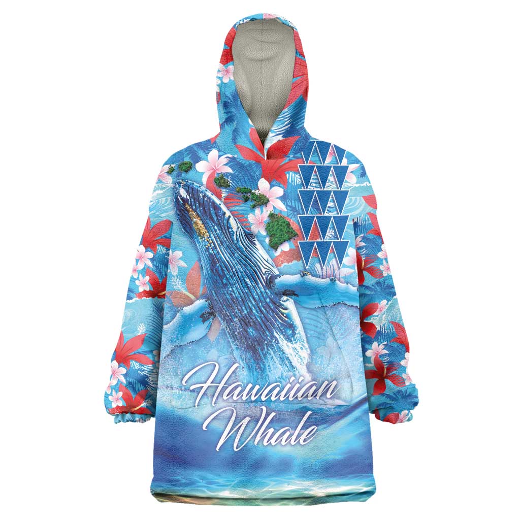 Hawaiian Waves Whale Wearable Blanket Hoodie Kakau Art and Tropical Red Hibiscus Flowers