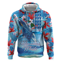 Hawaiian Waves Whale Zip Hoodie Kakau Art and Tropical Red Hibiscus Flowers