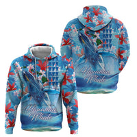 Hawaiian Waves Whale Zip Hoodie Kakau Art and Tropical Red Hibiscus Flowers