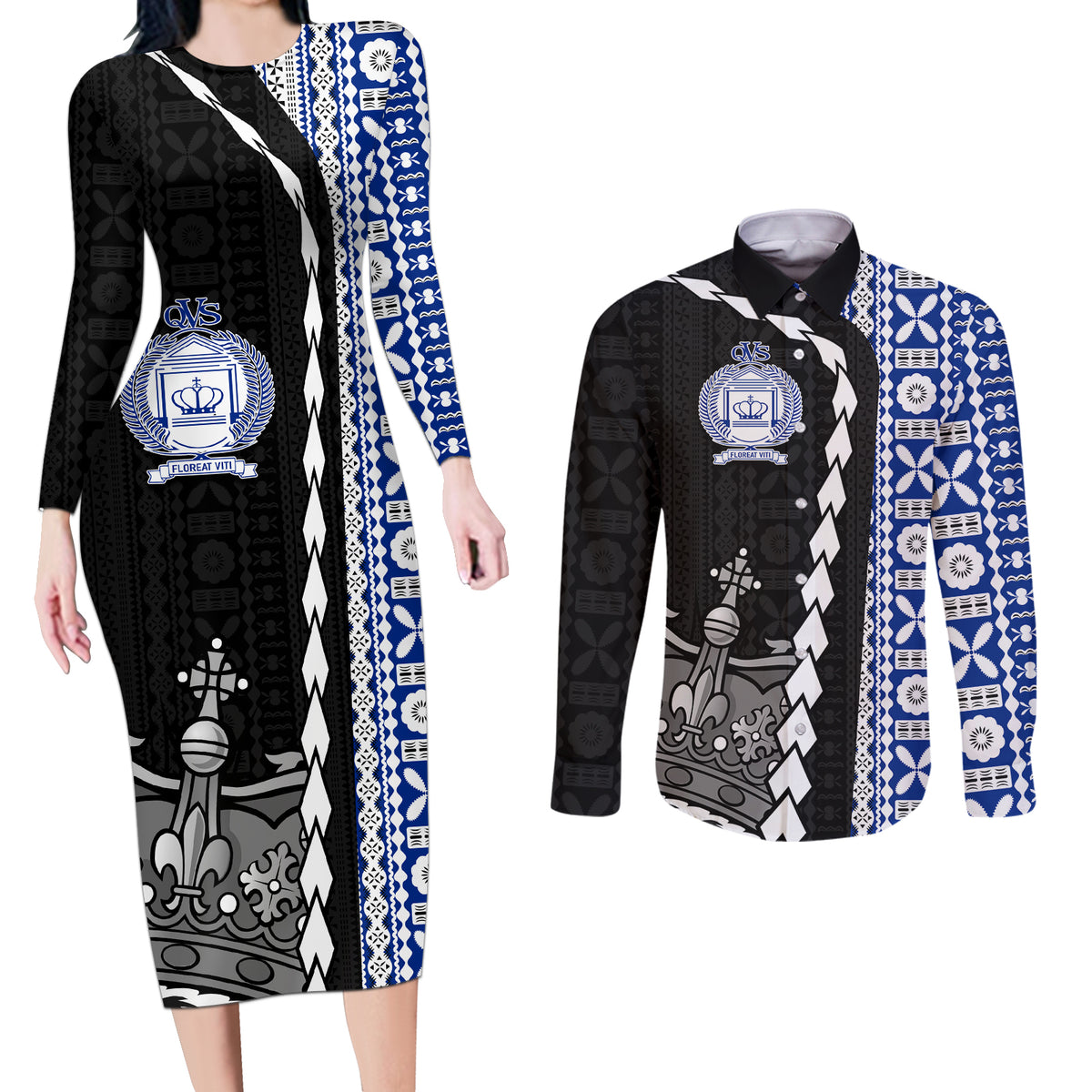 Fiji Queen Victoria School Couples Matching Long Sleeve Bodycon Dress and Long Sleeve Button Shirt Tapa and Polynesian Tribal Pattern Half Style LT03 Black - Polynesian Pride