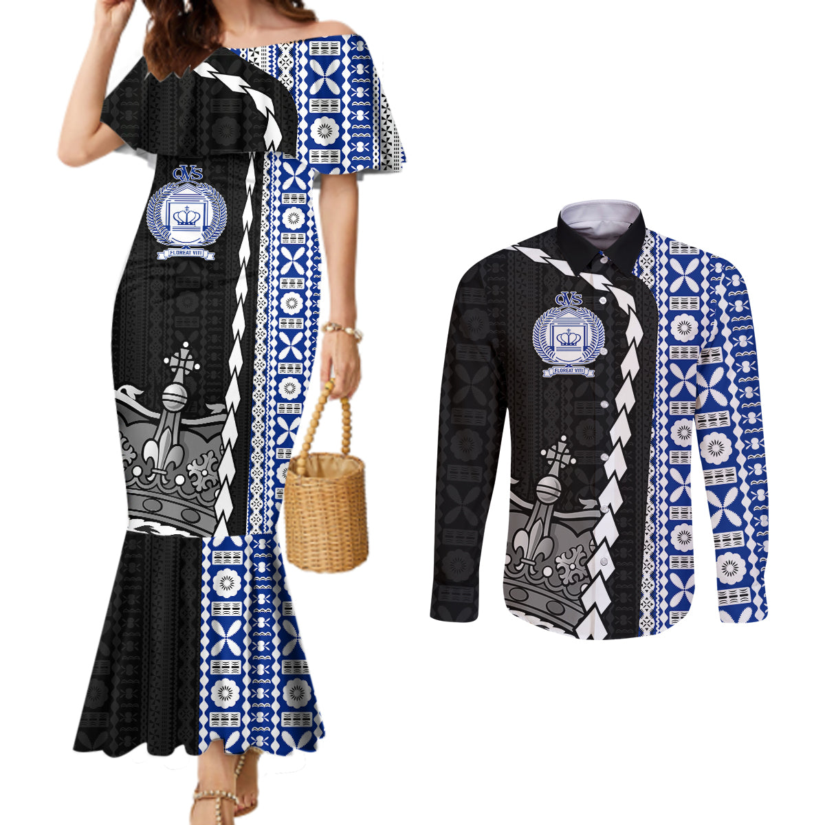 Fiji Queen Victoria School Couples Matching Mermaid Dress and Long Sleeve Button Shirt Tapa and Polynesian Tribal Pattern Half Style LT03 Black - Polynesian Pride