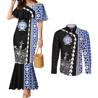 Fiji Queen Victoria School Couples Matching Mermaid Dress and Long Sleeve Button Shirt Tapa and Polynesian Tribal Pattern Half Style LT03 Black - Polynesian Pride