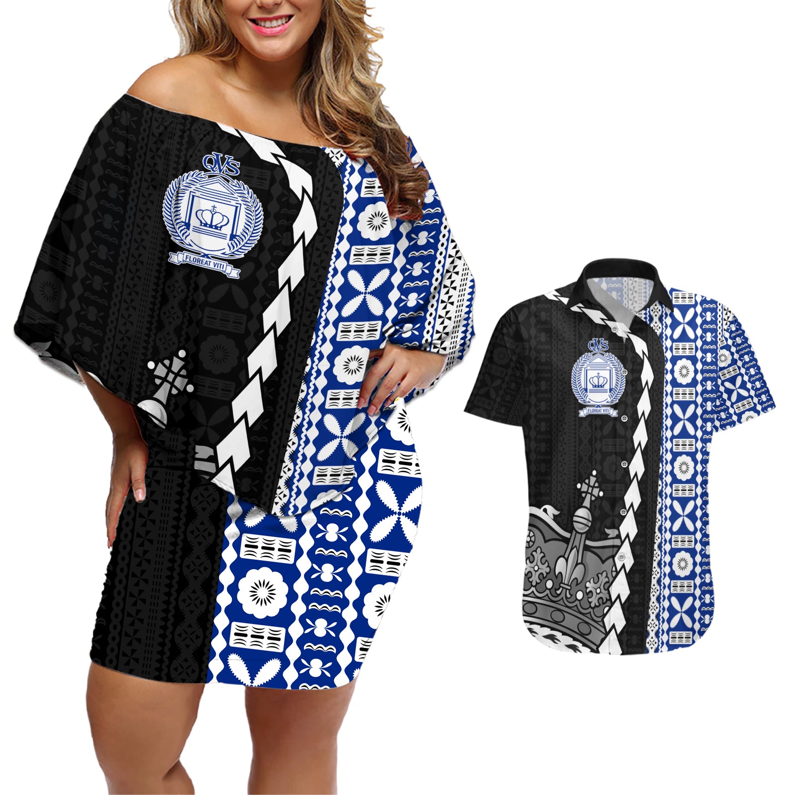 Fiji Queen Victoria School Couples Matching Off Shoulder Short Dress and Hawaiian Shirt Tapa and Polynesian Tribal Pattern Half Style LT03 Black - Polynesian Pride