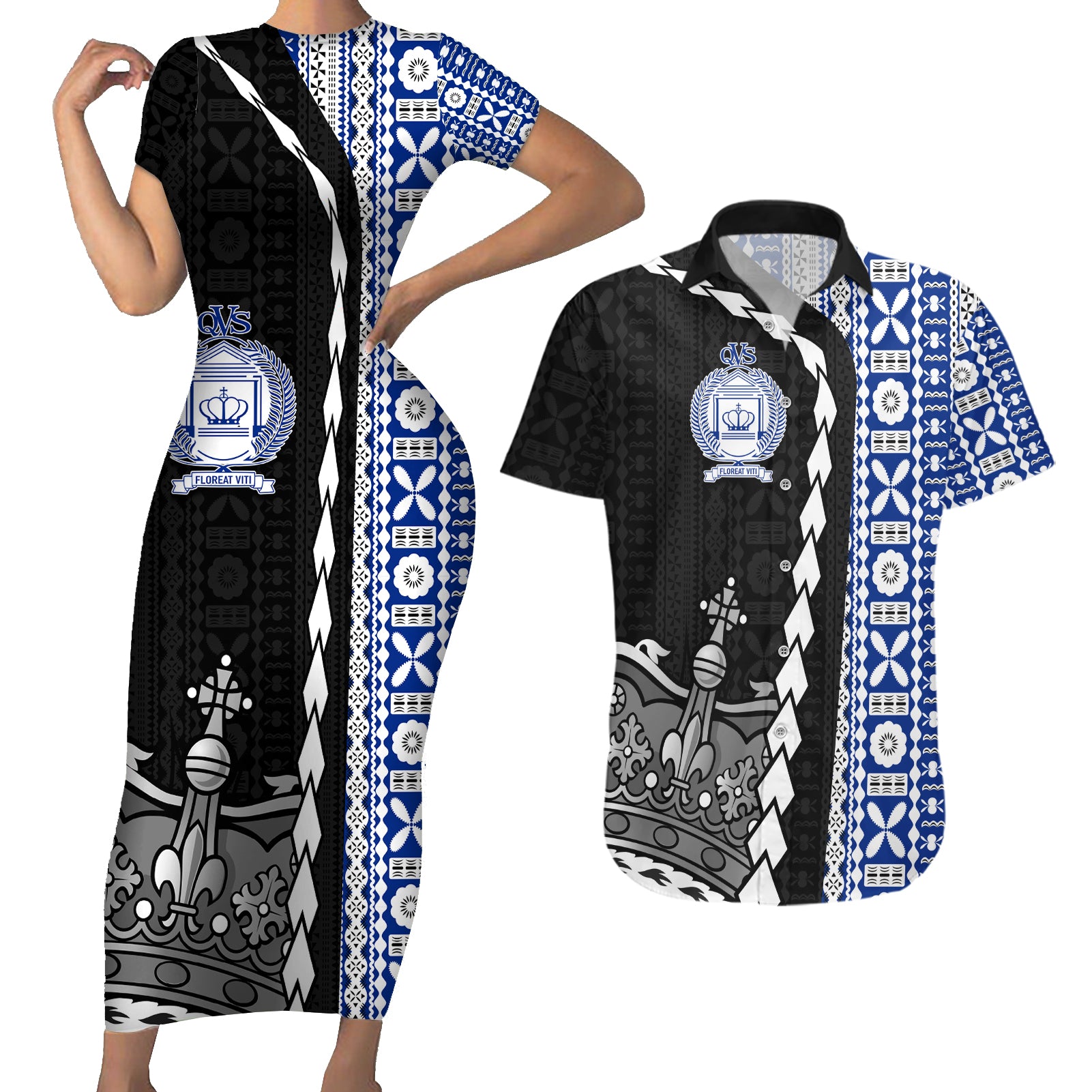 Fiji Queen Victoria School Couples Matching Short Sleeve Bodycon Dress and Hawaiian Shirt Tapa and Polynesian Tribal Pattern Half Style LT03 Black - Polynesian Pride