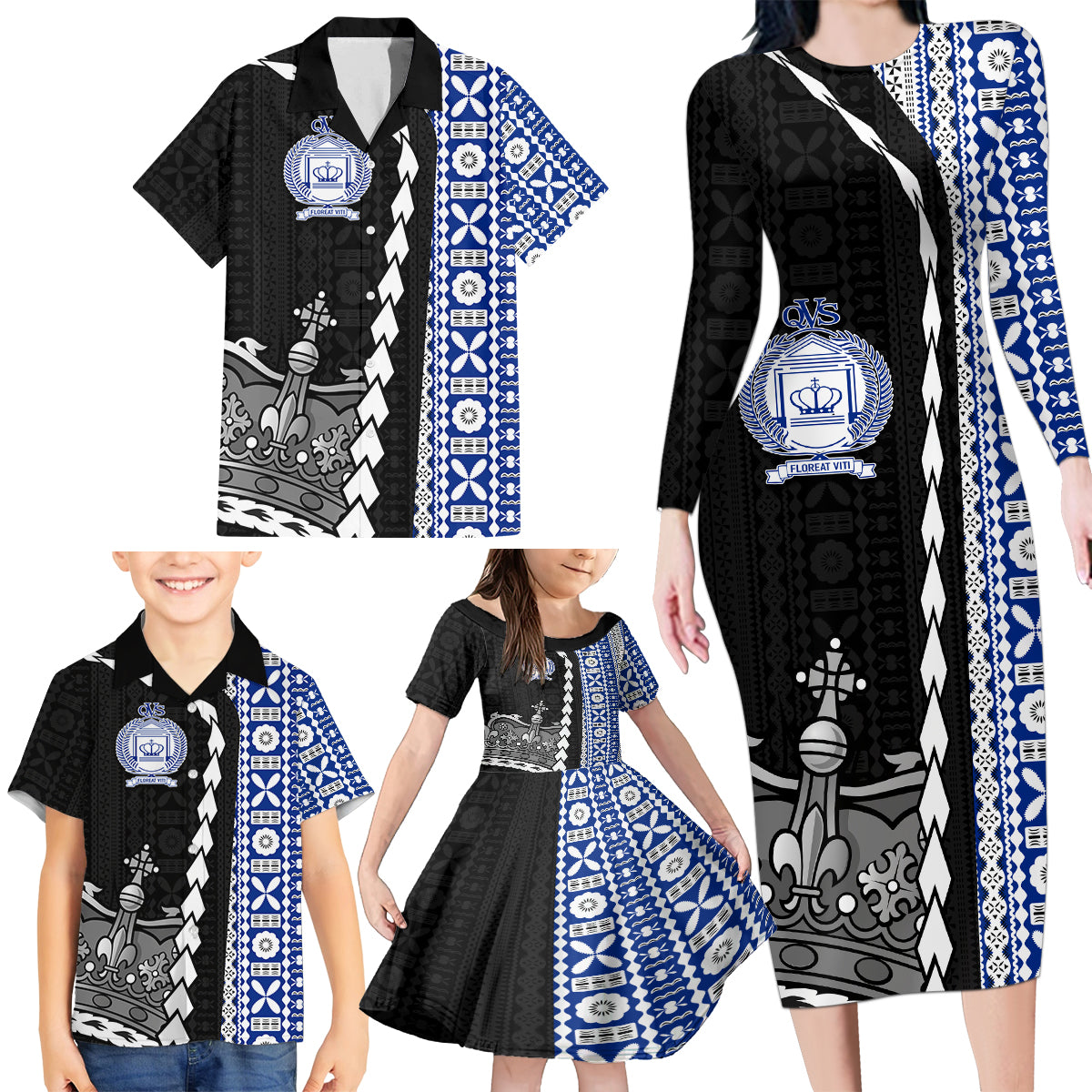 Fiji Queen Victoria School Family Matching Long Sleeve Bodycon Dress and Hawaiian Shirt Tapa and Polynesian Tribal Pattern Half Style LT03 - Polynesian Pride