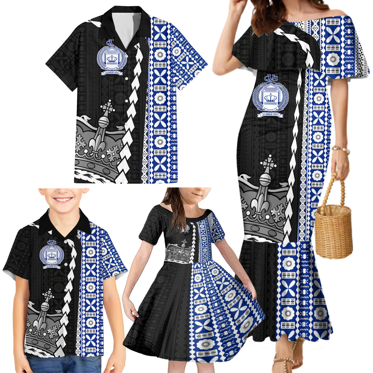 Fiji Queen Victoria School Family Matching Mermaid Dress and Hawaiian Shirt Tapa and Polynesian Tribal Pattern Half Style LT03 - Polynesian Pride