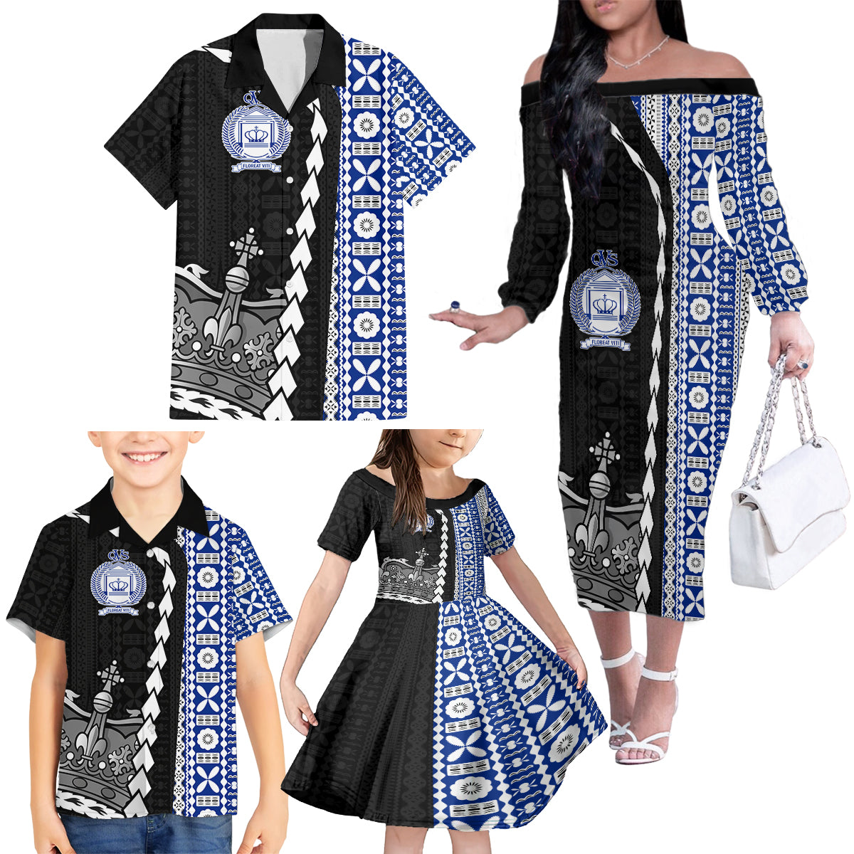 Fiji Queen Victoria School Family Matching Off Shoulder Long Sleeve Dress and Hawaiian Shirt Tapa and Polynesian Tribal Pattern Half Style LT03 - Polynesian Pride