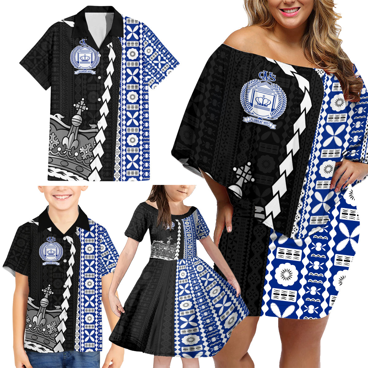 Fiji Queen Victoria School Family Matching Off Shoulder Short Dress and Hawaiian Shirt Tapa and Polynesian Tribal Pattern Half Style LT03 - Polynesian Pride