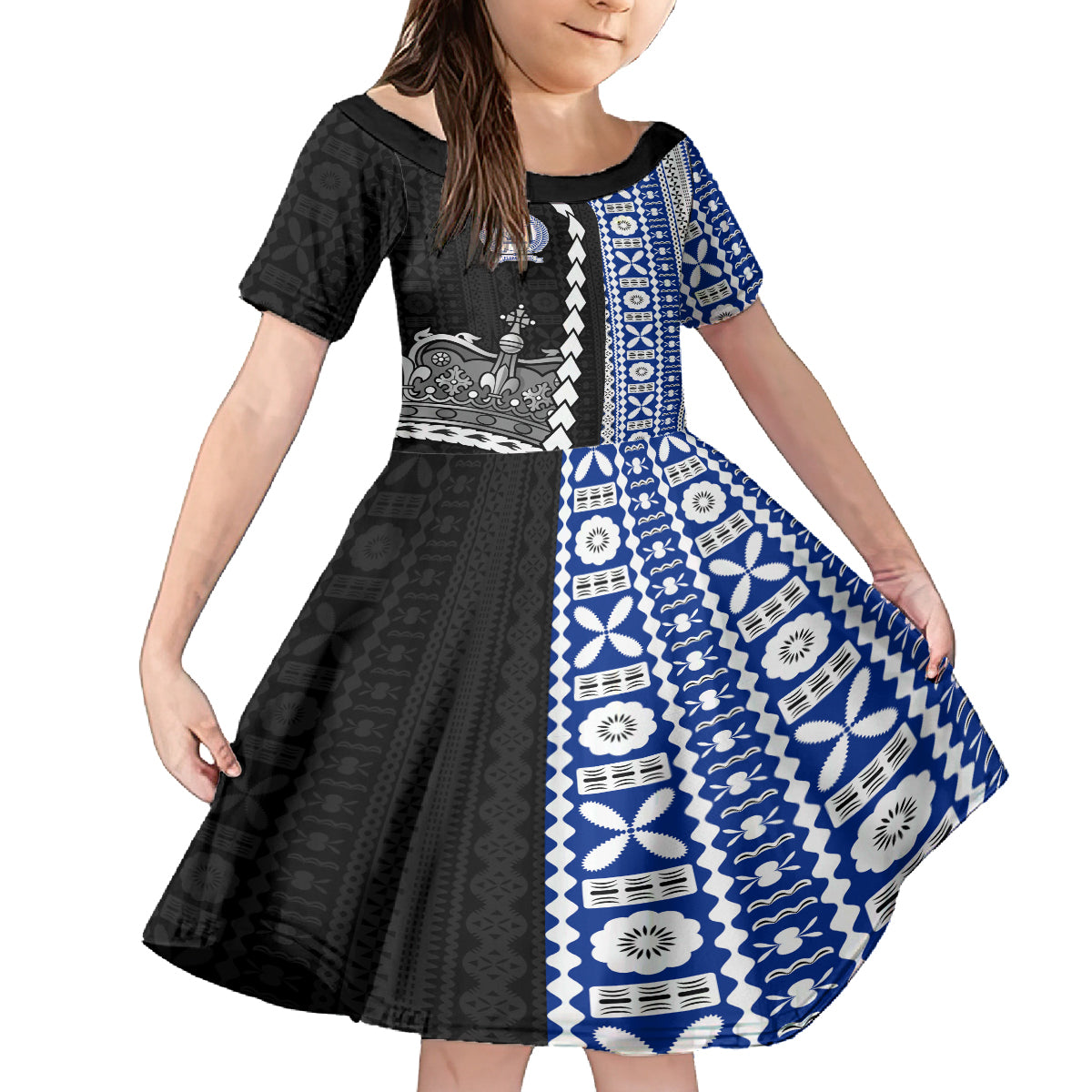 Fiji Queen Victoria School Family Matching Tank Maxi Dress and Hawaiian Shirt Tapa and Polynesian Tribal Pattern Half Style LT03 Daughter's Dress Black - Polynesian Pride