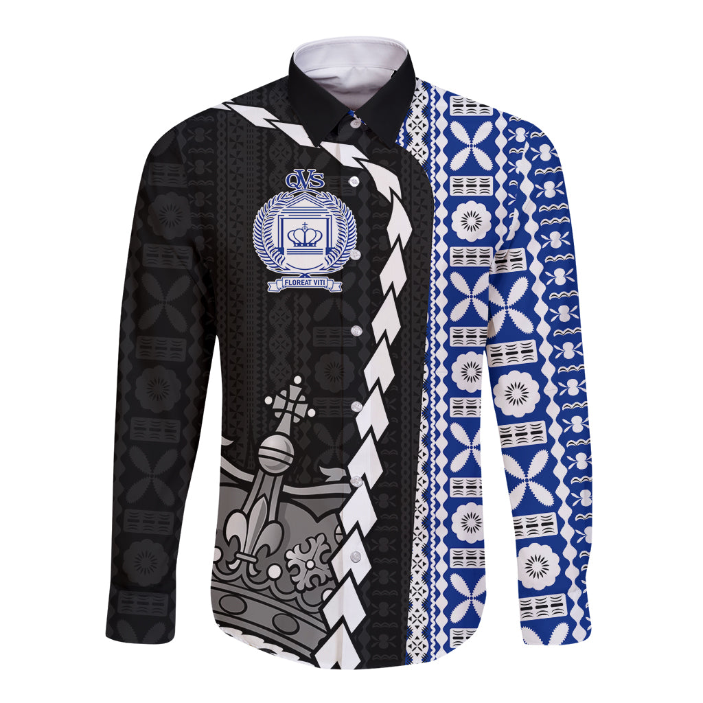 Fiji Queen Victoria School Long Sleeve Button Shirt Tapa and Polynesian Tribal Pattern Half Style LT03 Unisex Black - Polynesian Pride