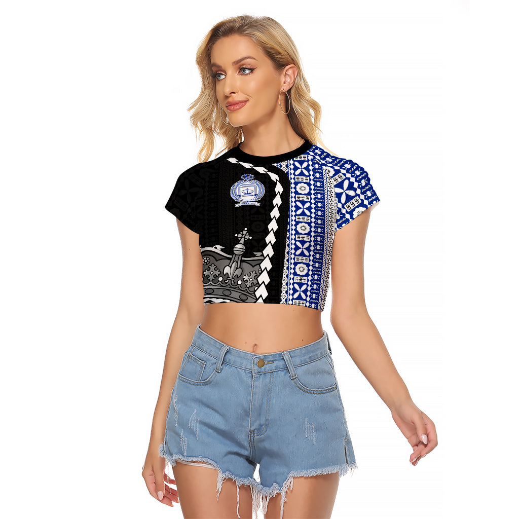 Fiji Queen Victoria School Raglan Cropped T Shirt Tapa and Polynesian Tribal Pattern Half Style LT03 Female Black - Polynesian Pride