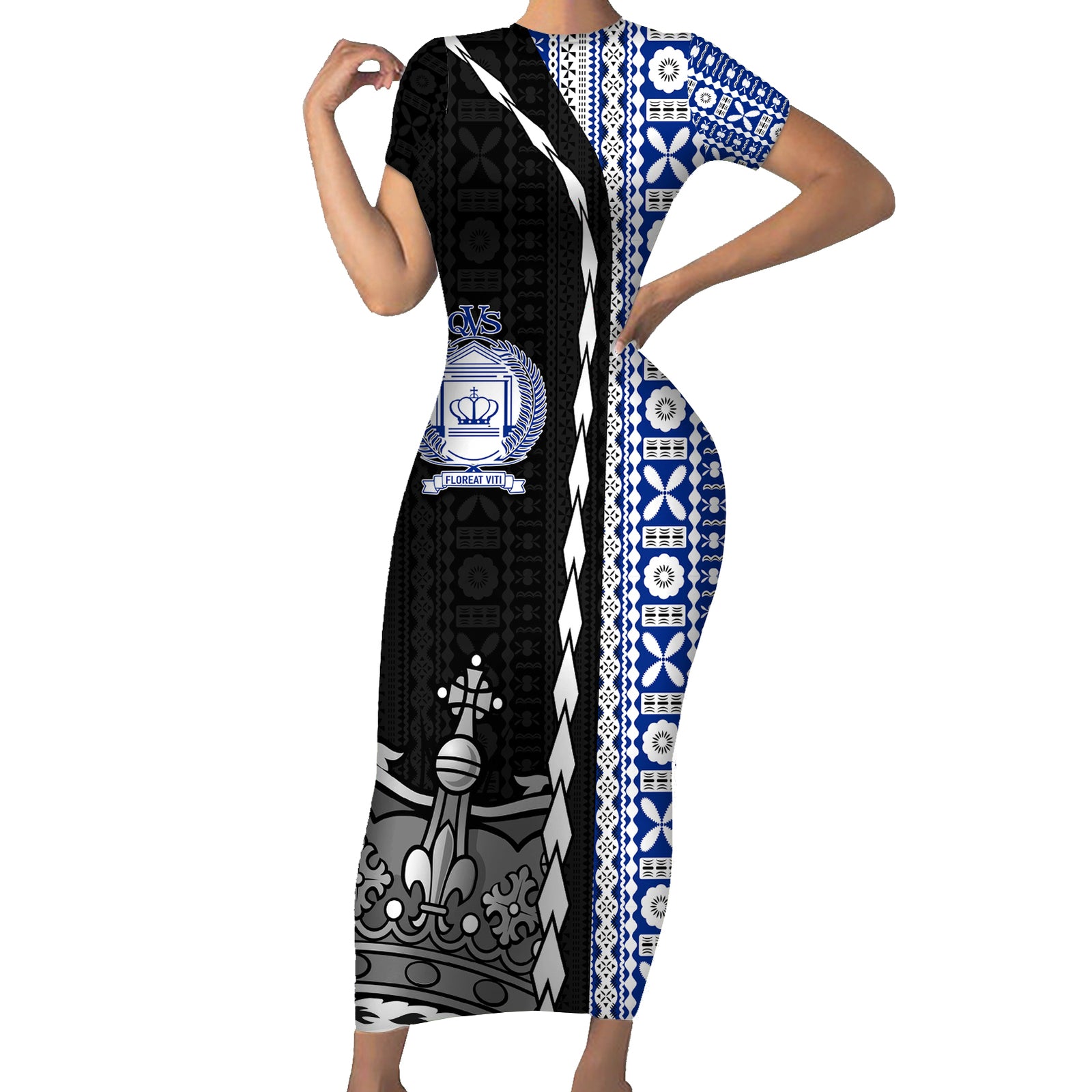 Fiji Queen Victoria School Short Sleeve Bodycon Dress Tapa and Polynesian Tribal Pattern Half Style LT03 Long Dress Black - Polynesian Pride