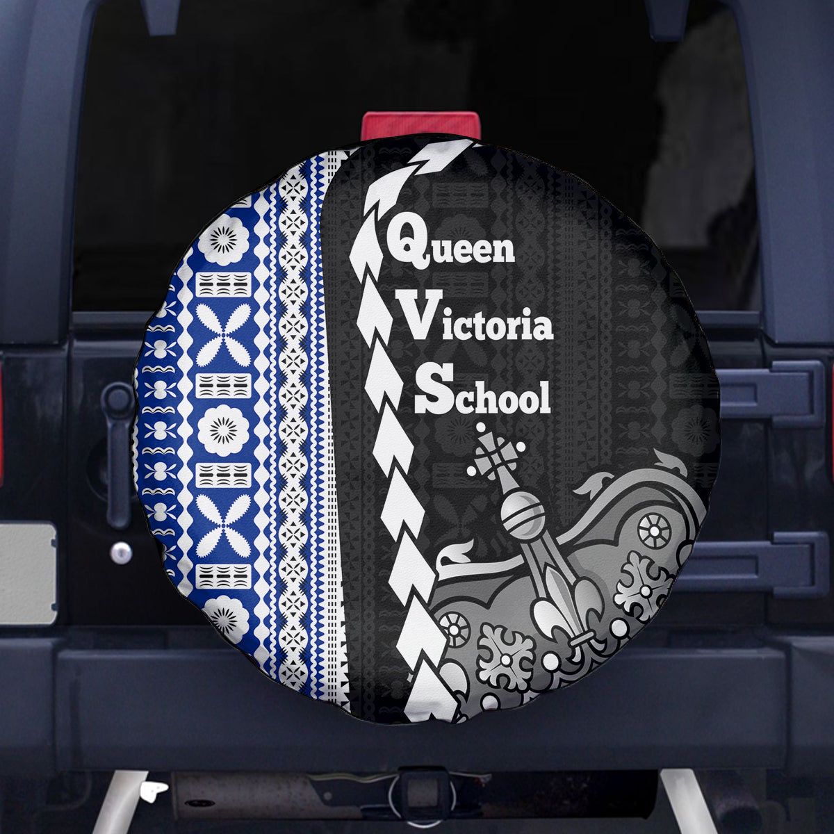 Fiji Queen Victoria School Spare Tire Cover Tapa and Polynesian Tribal Pattern Half Style LT03 Black - Polynesian Pride