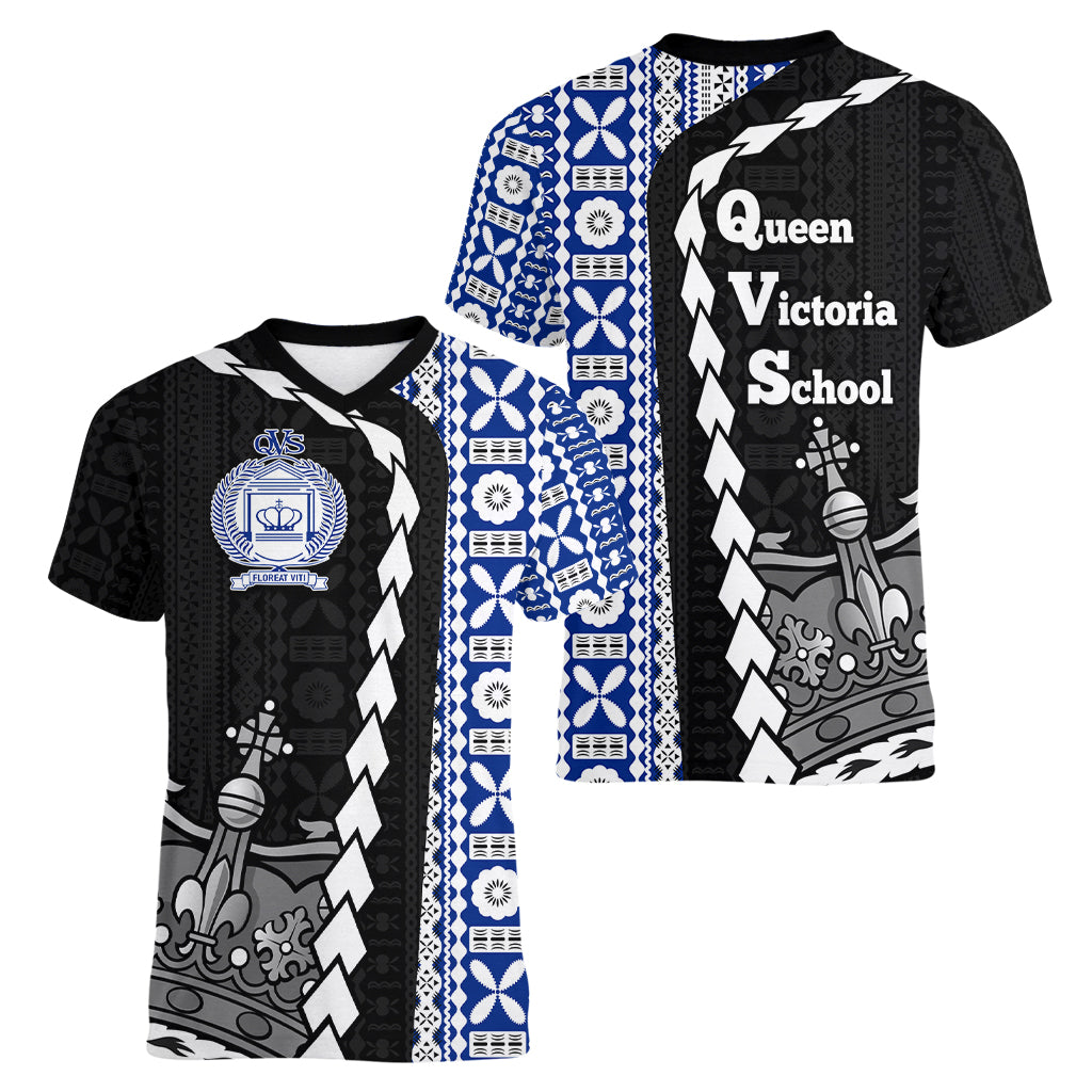 Fiji Queen Victoria School Women V Neck T Shirt Tapa and Polynesian Tribal Pattern Half Style LT03 - Polynesian Pride
