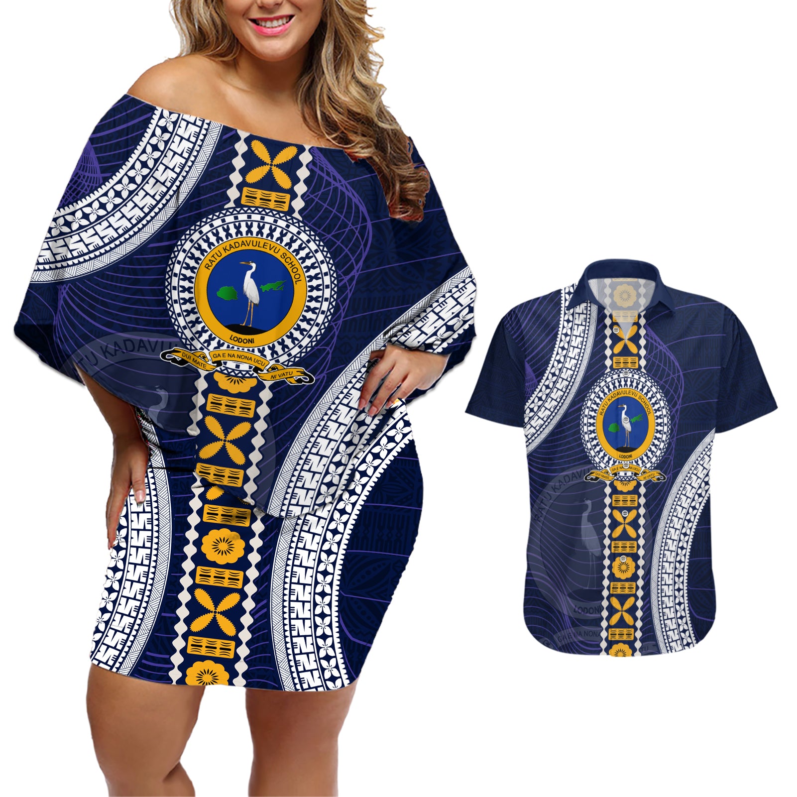 Fiji Ratu Kadavulevu School Couples Matching Off Shoulder Short Dress and Hawaiian Shirt Tapa and Polynesian Tribal Pattern LT03 Blue - Polynesian Pride