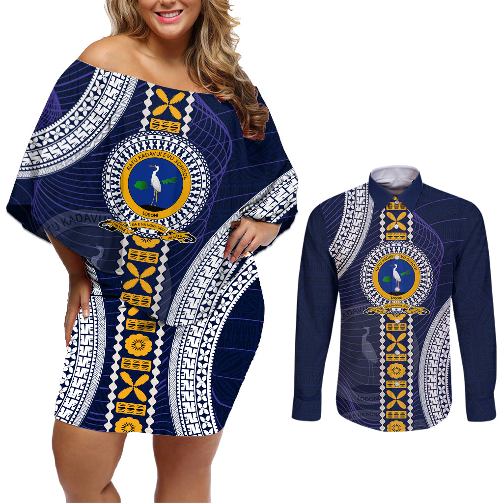 Fiji Ratu Kadavulevu School Couples Matching Off Shoulder Short Dress and Long Sleeve Button Shirt Tapa and Polynesian Tribal Pattern LT03 Blue - Polynesian Pride