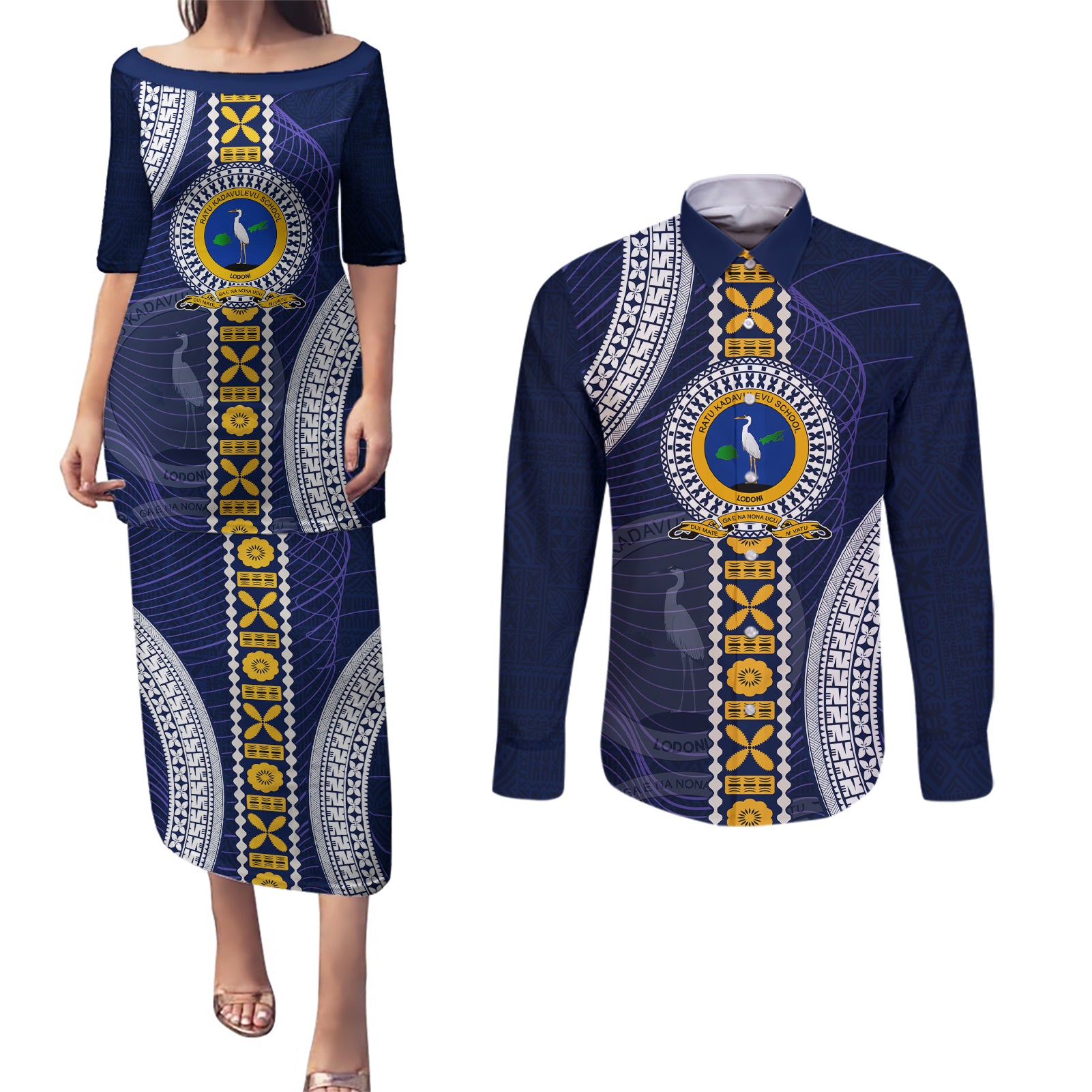 Fiji Ratu Kadavulevu School Couples Matching Puletasi Dress and Long Sleeve Button Shirt Tapa and Polynesian Tribal Pattern LT03 Blue - Polynesian Pride