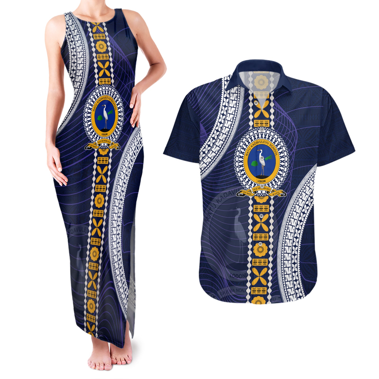 Fiji Ratu Kadavulevu School Couples Matching Tank Maxi Dress and Hawaiian Shirt Tapa and Polynesian Tribal Pattern LT03 Blue - Polynesian Pride