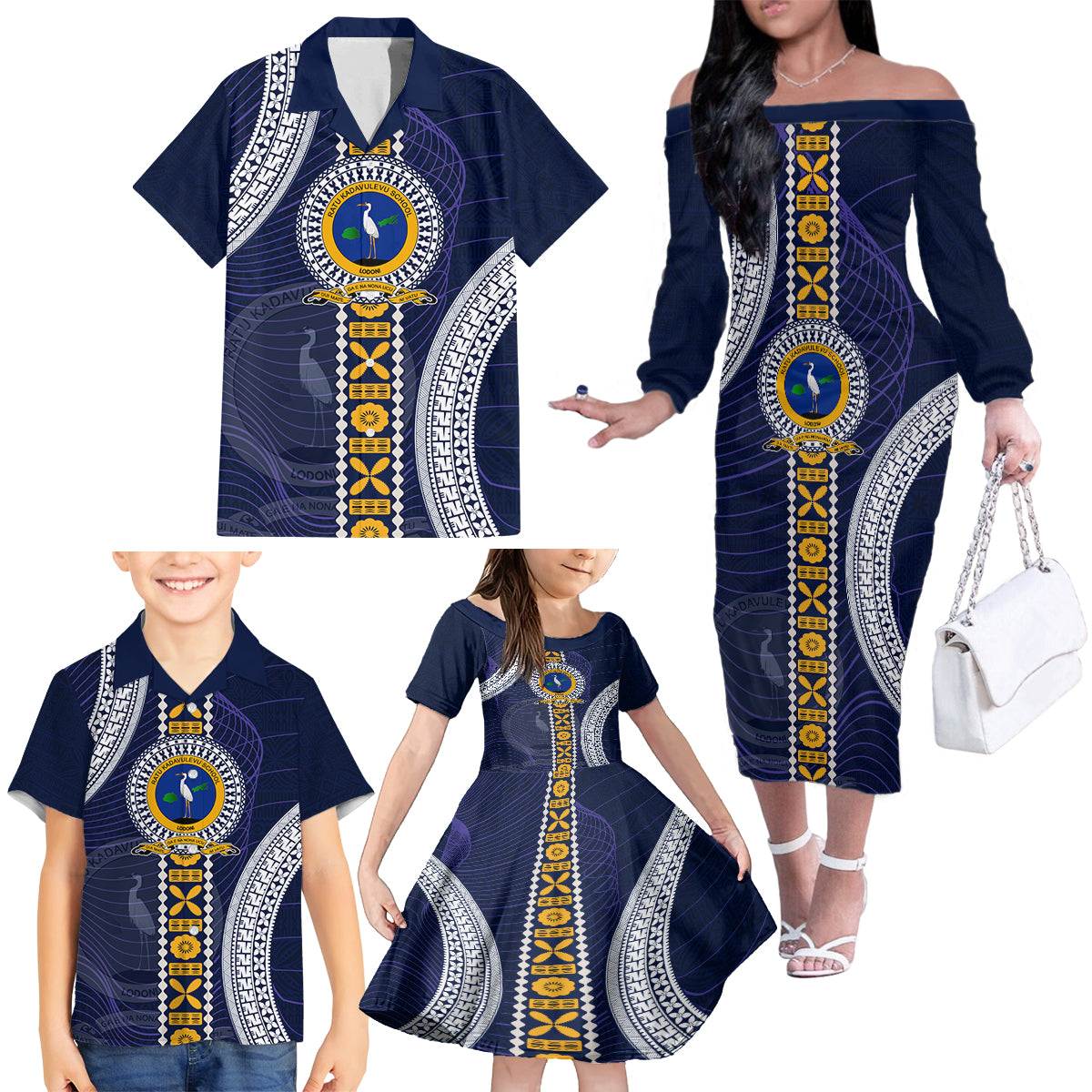 Fiji Ratu Kadavulevu School Family Matching Off Shoulder Long Sleeve Dress and Hawaiian Shirt Tapa and Polynesian Tribal Pattern LT03 - Polynesian Pride