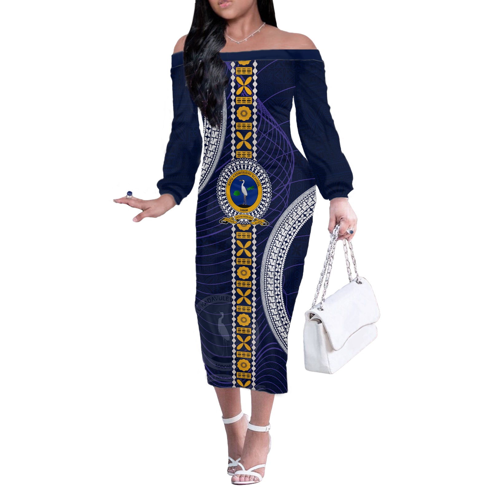 Fiji Ratu Kadavulevu School Off The Shoulder Long Sleeve Dress Tapa and Polynesian Tribal Pattern LT03 Women Blue - Polynesian Pride