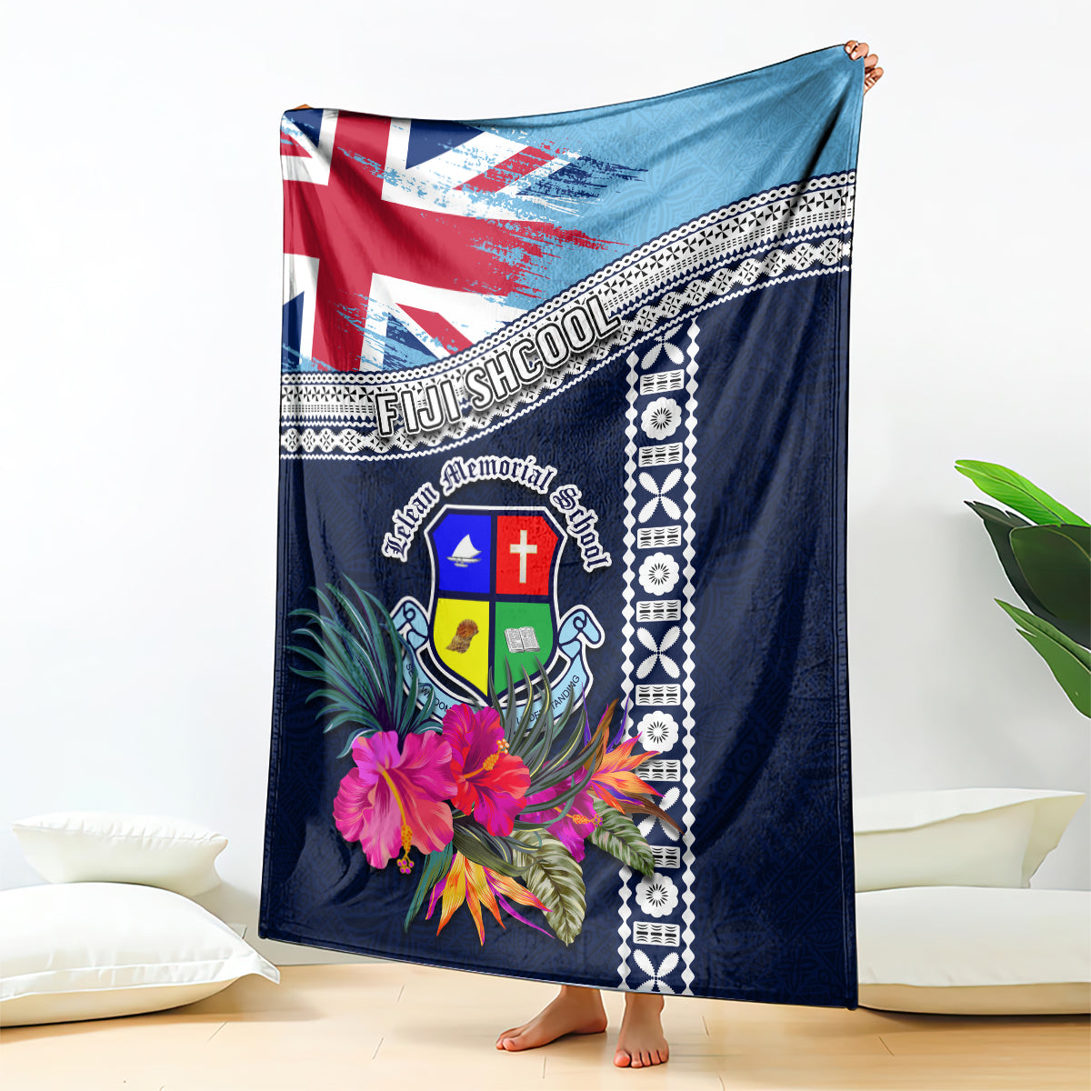 Fiji Lelean Memorial School Blanket Tapa and Polynesian Tribal Pattern LT03 Blue - Polynesian Pride