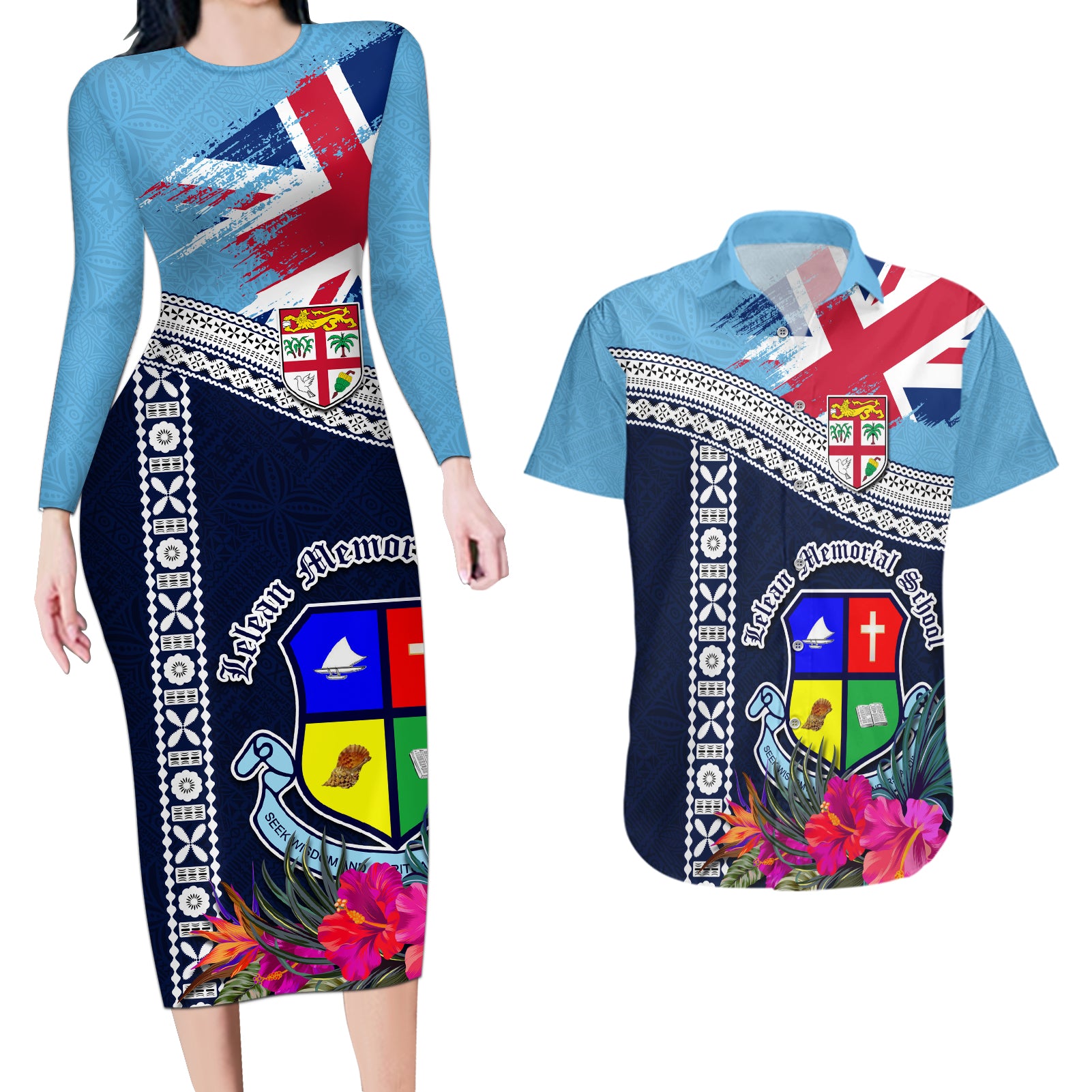 Fiji Lelean Memorial School Couples Matching Long Sleeve Bodycon Dress and Hawaiian Shirt Tapa and Polynesian Tribal Pattern LT03 Blue - Polynesian Pride