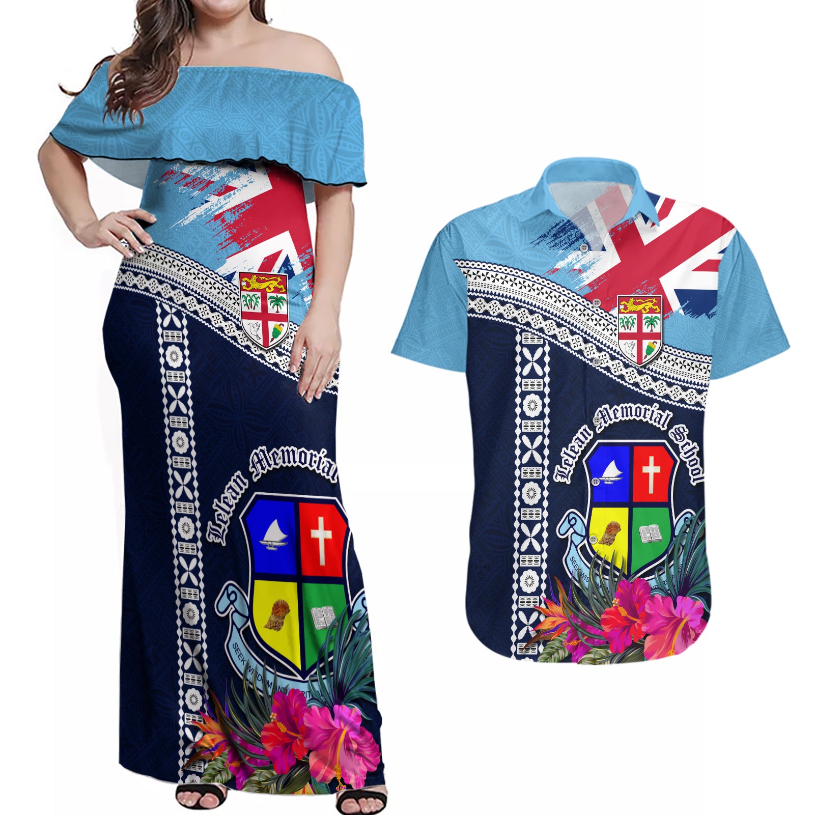 Fiji Lelean Memorial School Couples Matching Off Shoulder Maxi Dress and Hawaiian Shirt Tapa and Polynesian Tribal Pattern LT03 Blue - Polynesian Pride