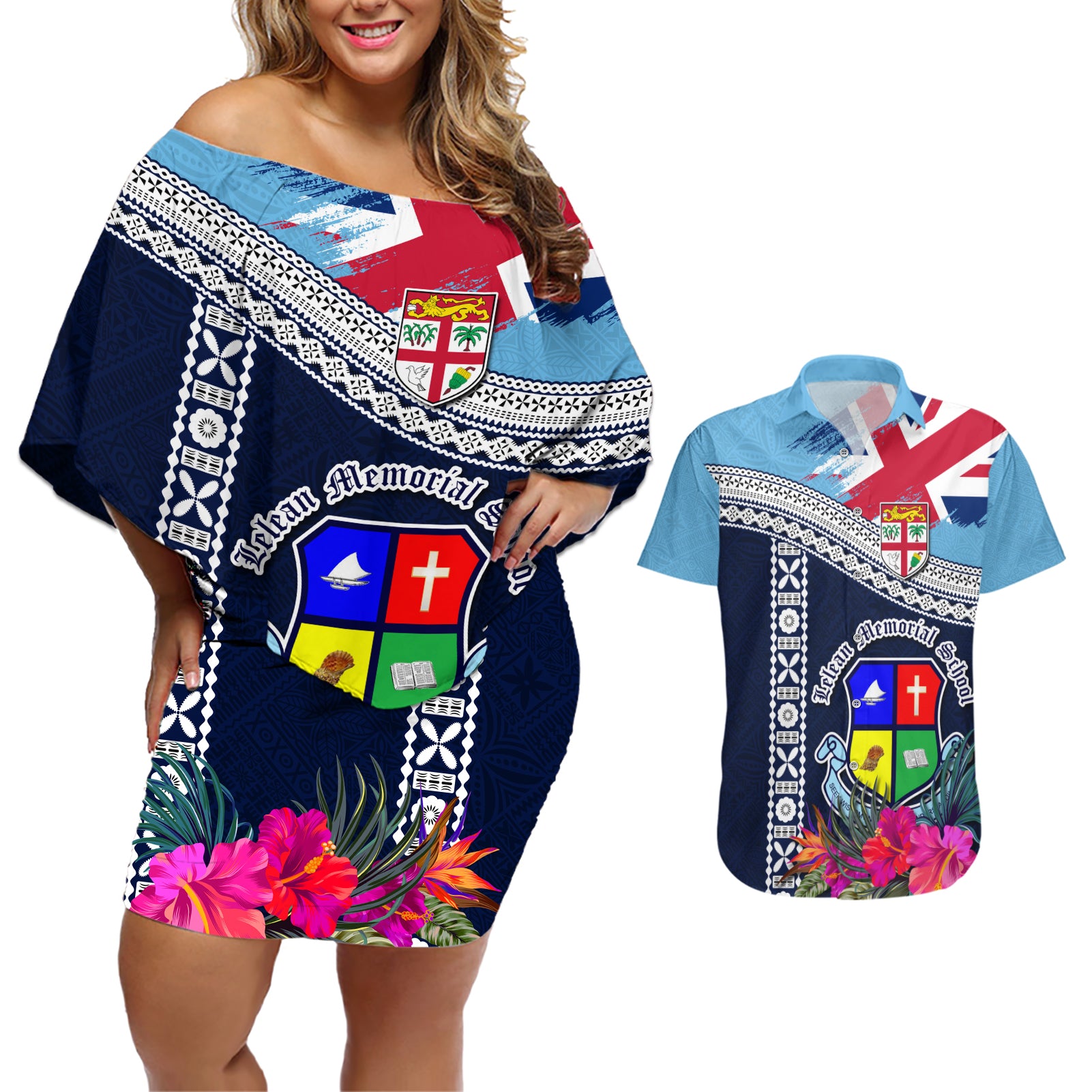 Fiji Lelean Memorial School Couples Matching Off Shoulder Short Dress and Hawaiian Shirt Tapa and Polynesian Tribal Pattern LT03 Blue - Polynesian Pride