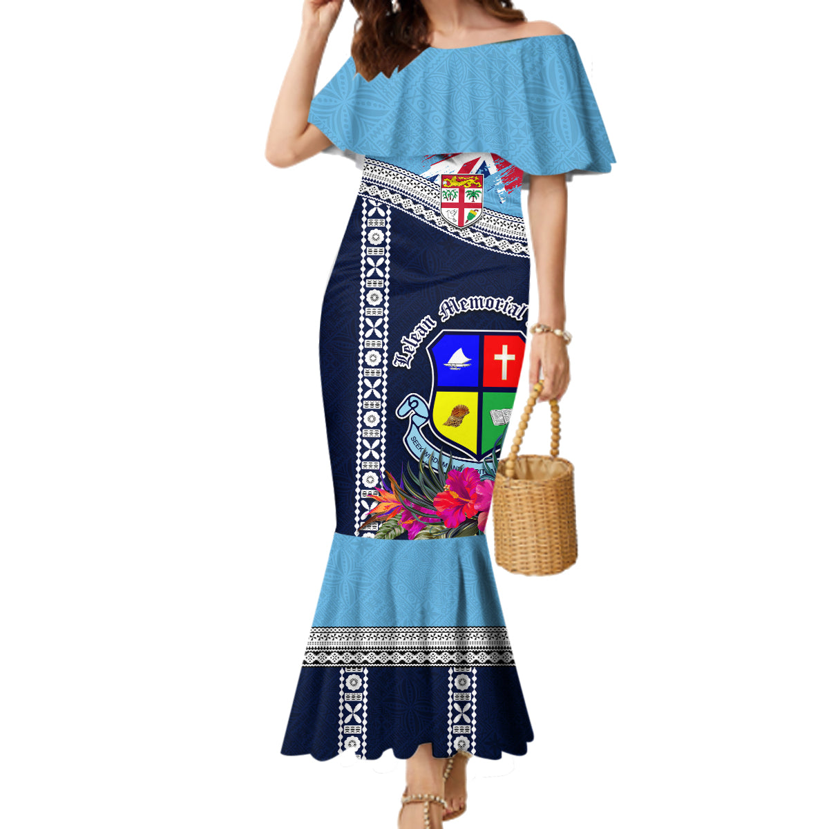 Fiji Lelean Memorial School Family Matching Mermaid Dress and Hawaiian Shirt Tapa and Polynesian Tribal Pattern LT03 Mom's Dress Blue - Polynesian Pride