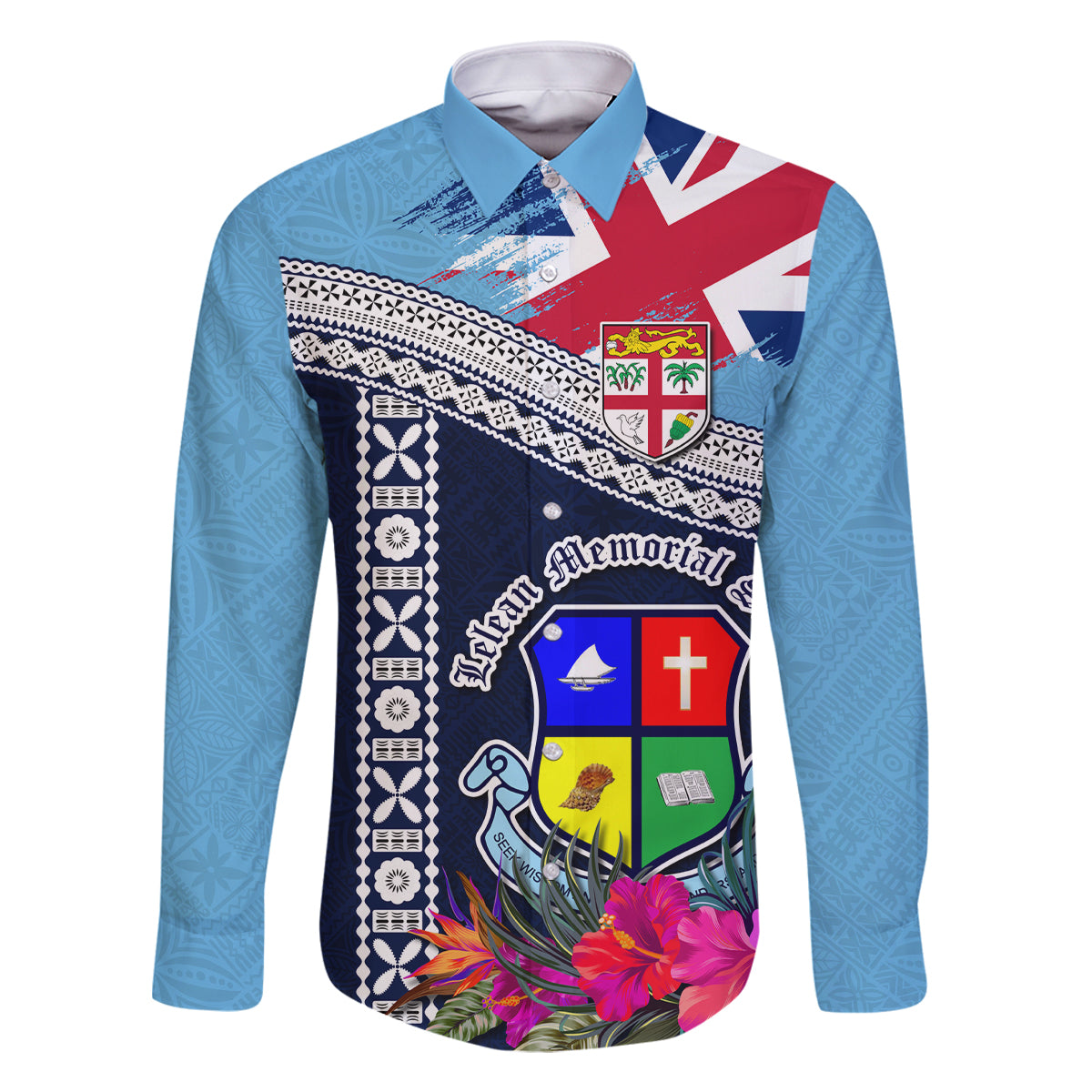 Fiji Lelean Memorial School Family Matching Off Shoulder Long Sleeve Dress and Hawaiian Shirt Tapa and Polynesian Tribal Pattern LT03 Dad's Shirt - Long Sleeve Blue - Polynesian Pride