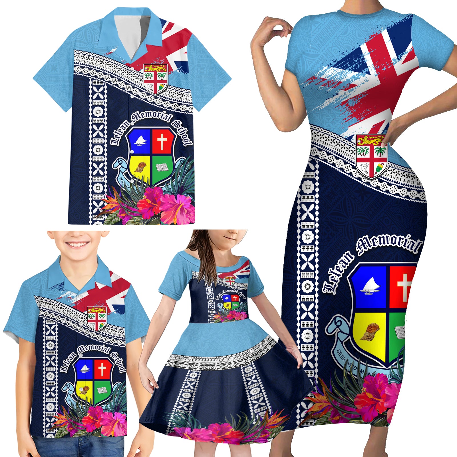 Fiji Lelean Memorial School Family Matching Short Sleeve Bodycon Dress and Hawaiian Shirt Tapa and Polynesian Tribal Pattern LT03 - Polynesian Pride