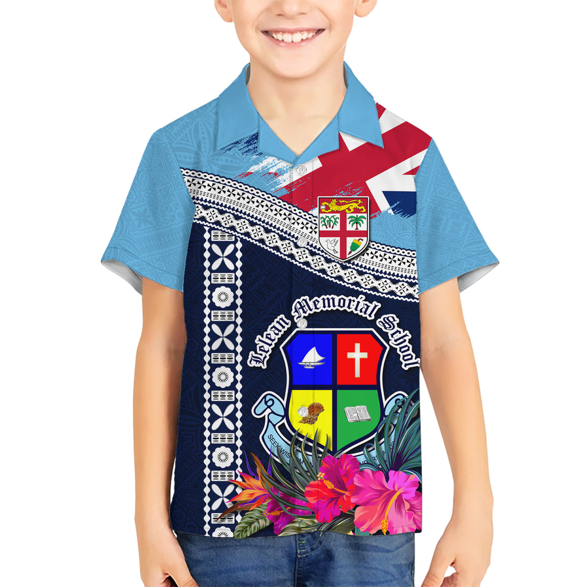 Fiji Lelean Memorial School Family Matching Short Sleeve Bodycon Dress and Hawaiian Shirt Tapa and Polynesian Tribal Pattern LT03 Son's Shirt Blue - Polynesian Pride