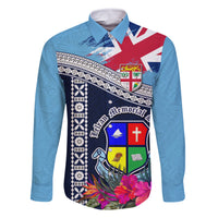 Fiji Lelean Memorial School Family Matching Summer Maxi Dress and Hawaiian Shirt Tapa and Polynesian Tribal Pattern LT03 Dad's Shirt - Long Sleeve Blue - Polynesian Pride