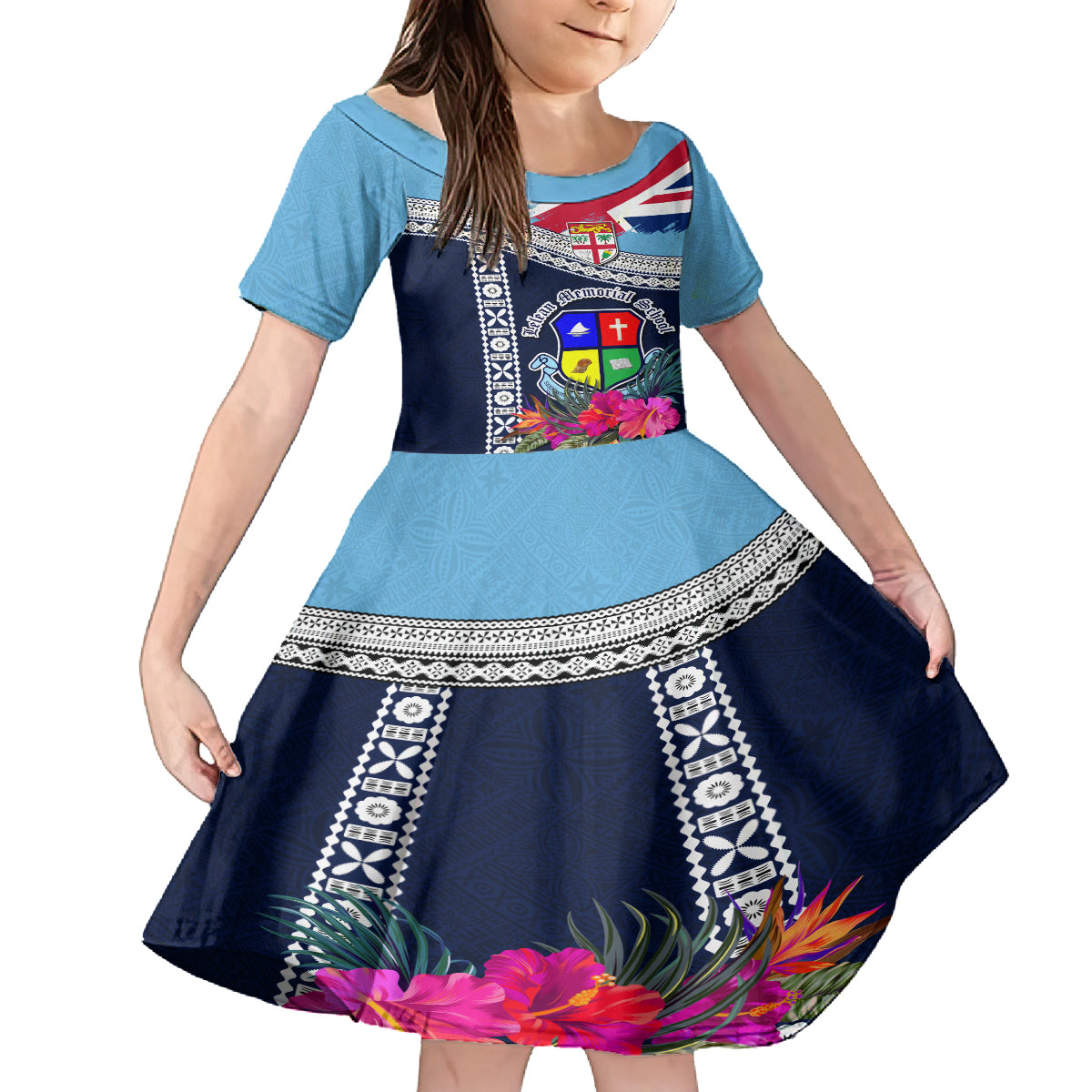 Fiji Lelean Memorial School Family Matching Tank Maxi Dress and Hawaiian Shirt Tapa and Polynesian Tribal Pattern LT03 Daughter's Dress Blue - Polynesian Pride