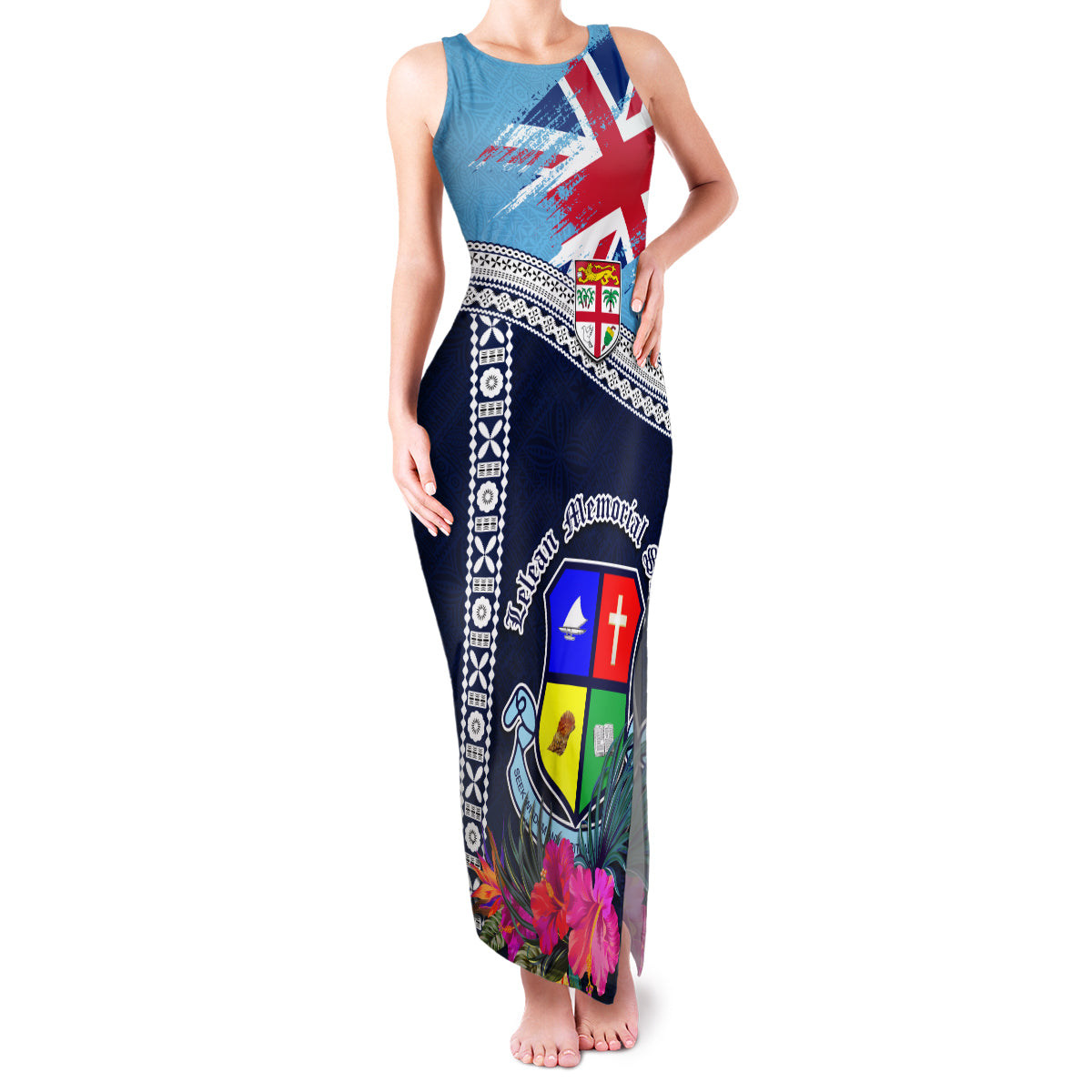 Fiji Lelean Memorial School Family Matching Tank Maxi Dress and Hawaiian Shirt Tapa and Polynesian Tribal Pattern LT03 Mom's Dress Blue - Polynesian Pride