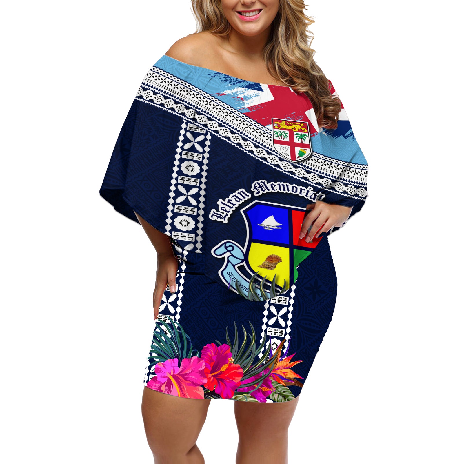 Fiji Lelean Memorial School Off Shoulder Short Dress Tapa and Polynesian Tribal Pattern LT03 Women Blue - Polynesian Pride