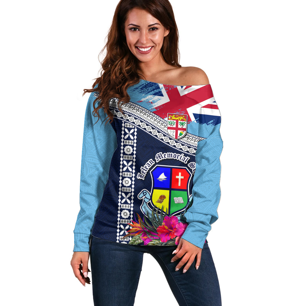 Fiji Lelean Memorial School Off Shoulder Sweater Tapa and Polynesian Tribal Pattern LT03 Women Blue - Polynesian Pride