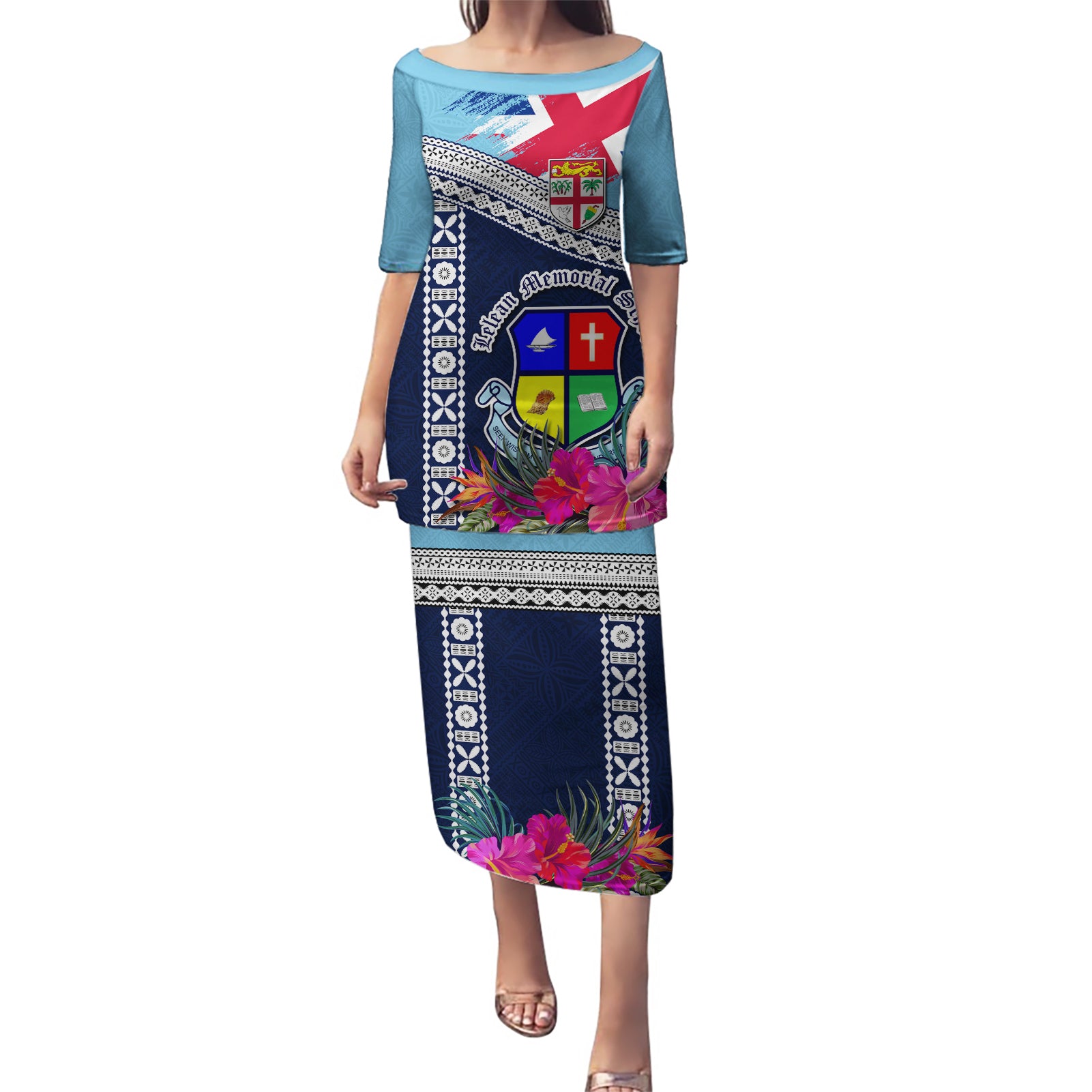 Fiji Lelean Memorial School Puletasi Tapa and Polynesian Tribal Pattern LT03 Long Dress Blue - Polynesian Pride