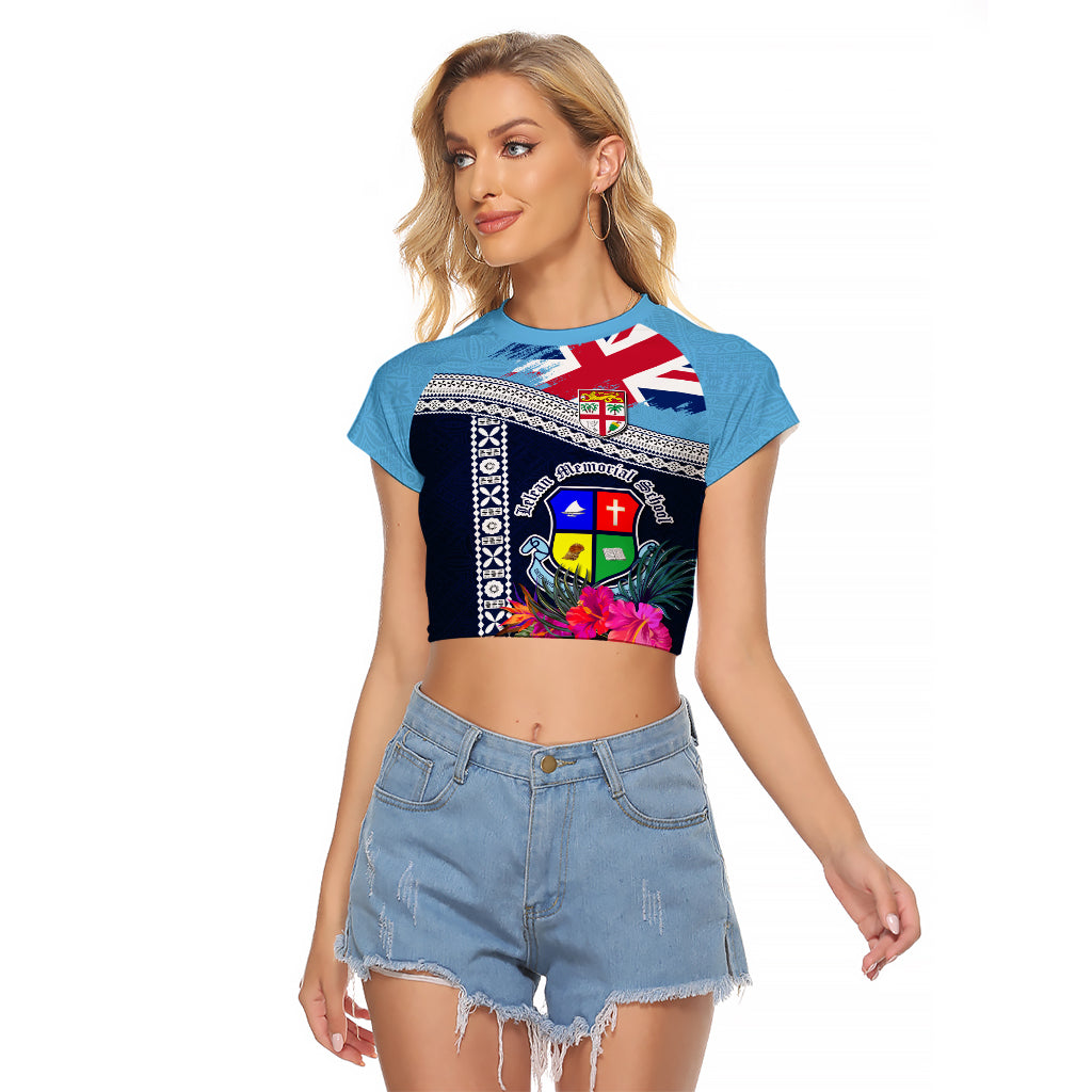 Fiji Lelean Memorial School Raglan Cropped T Shirt Tapa and Polynesian Tribal Pattern LT03 Female Blue - Polynesian Pride