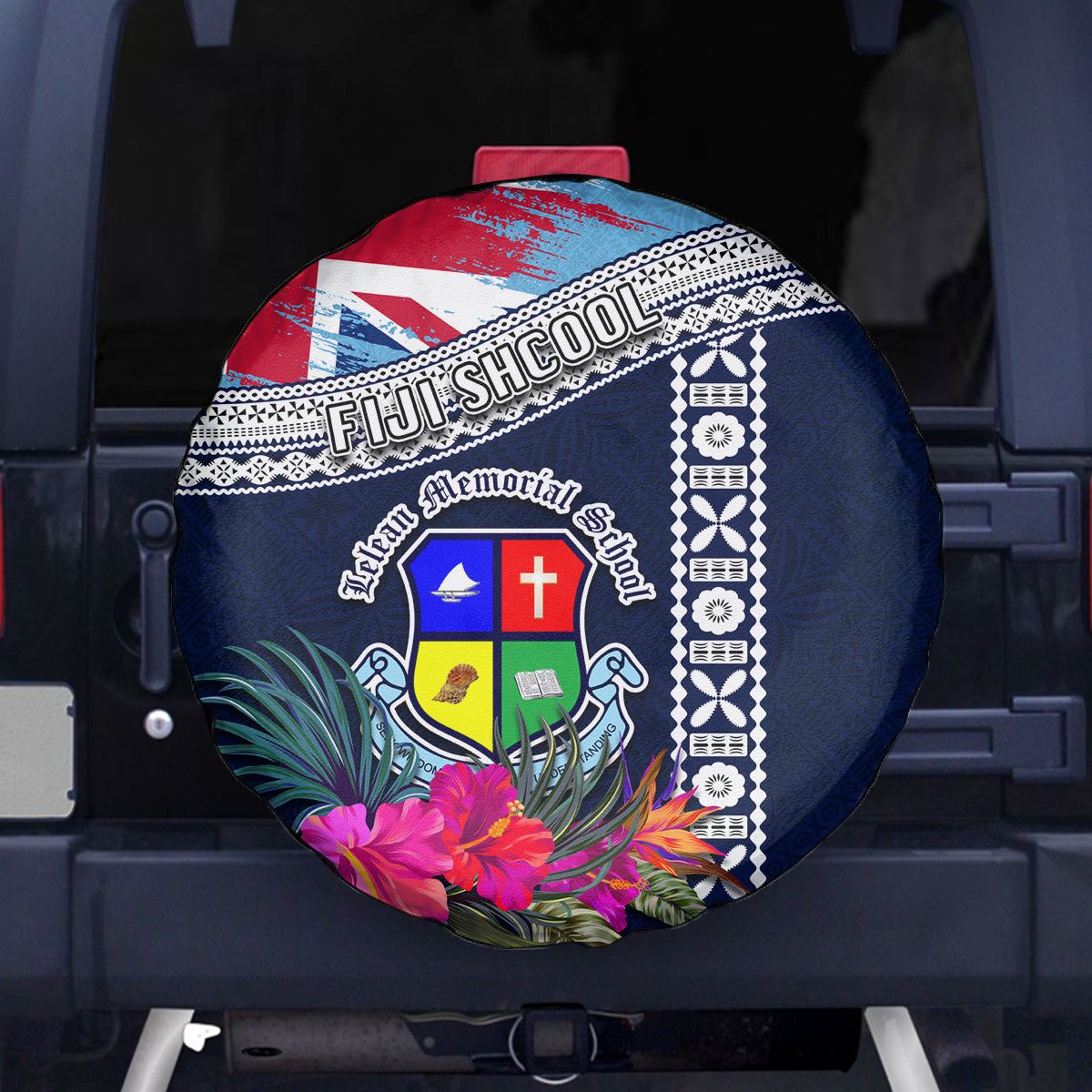 Fiji Lelean Memorial School Spare Tire Cover Tapa and Polynesian Tribal Pattern LT03 Blue - Polynesian Pride