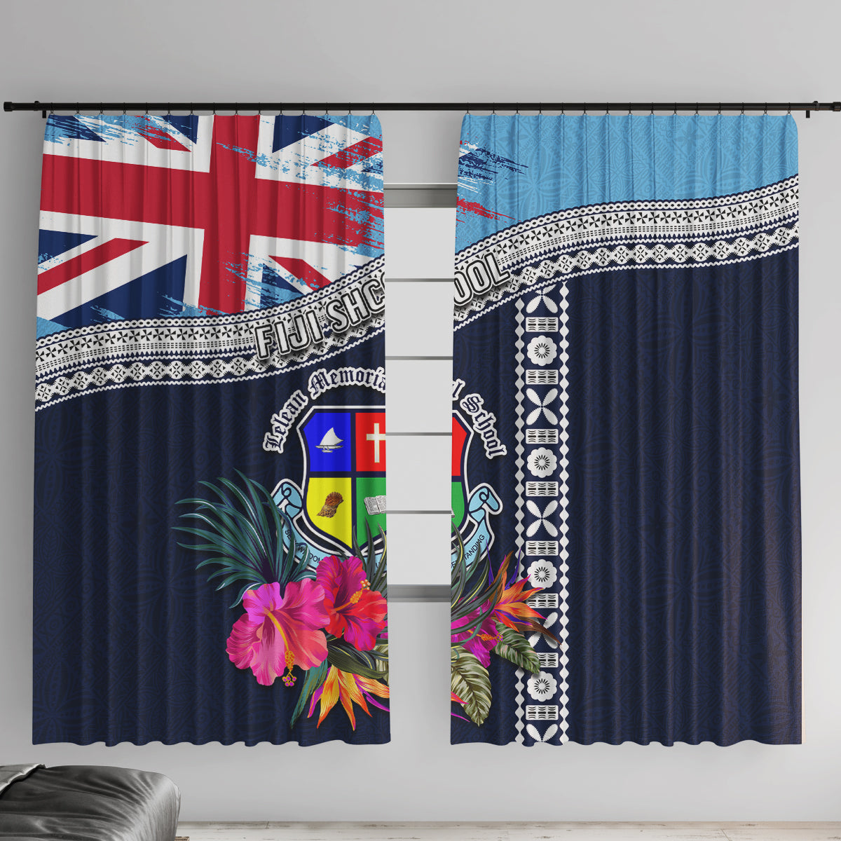 Fiji Lelean Memorial School Window Curtain Tapa and Polynesian Tribal Pattern LT03 With Hooks Blue - Polynesian Pride