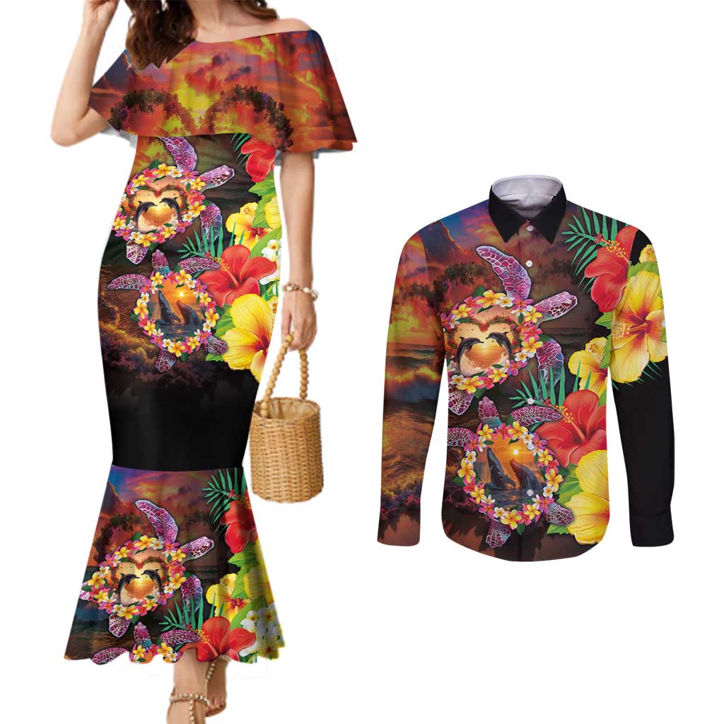 Hawaiian Sea Animals Love Couple Couples Matching Mermaid Dress and Long Sleeve Button Shirt Aloha Sunset Symphony LT03 Black - Polynesian Pride