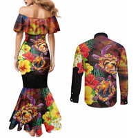 Hawaiian Sea Animals Love Couple Couples Matching Mermaid Dress and Long Sleeve Button Shirt Aloha Sunset Symphony LT03 - Polynesian Pride
